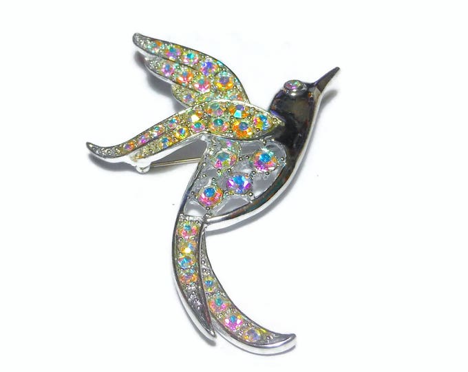 FREE SHIPPING Sarah Coventry bird brooch, Bird of Paradise, 1960 AB Aurora Borealis open work, pave rhinestone