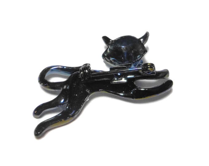 FREE SHIPPING Iridescent black cat brooch, 1950s kitty kitten opalescent scatter pin with turquoise colored eyes, Siamese if you please.