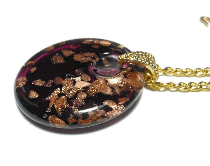 FREE SHIPPING Lampwork glass pendant, 50mm round purple background with bronze foil back flecks, round go-go donut on gold plated chain