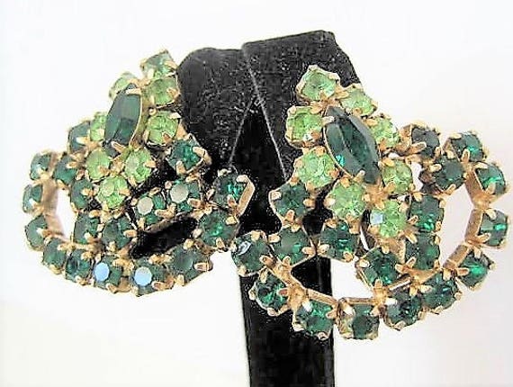 Green Rhinestone Earrings - Prong Set Rhinestones - Two Color Green - Mid Centruy Clip Ons