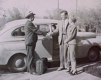Darling 1950's Era Photograph of Salesman in Front of Vintage Car