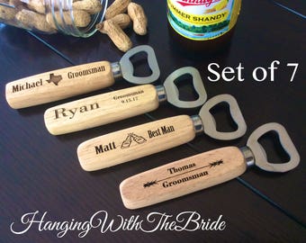 Set of 7 Personalized Bottle Opener, Groomsmen Gift, Wedding Gift, Engraved Wood opener, Custom Bottle Opener, Christmas gifts