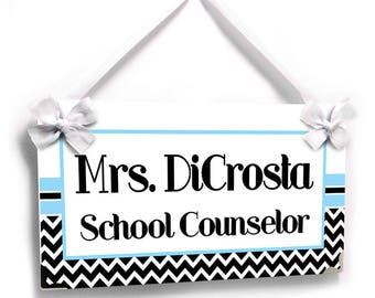 personalized school counselor classroom door sign - white and black chevron with blue - graduation gift - P2594