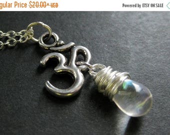 BACK to SCHOOL SALE Clear Teardrop Necklace. Ohm Necklace. Om Necklace in Silver. Yoga Necklace. Yoga Jewelry. Handmade Jewelry.