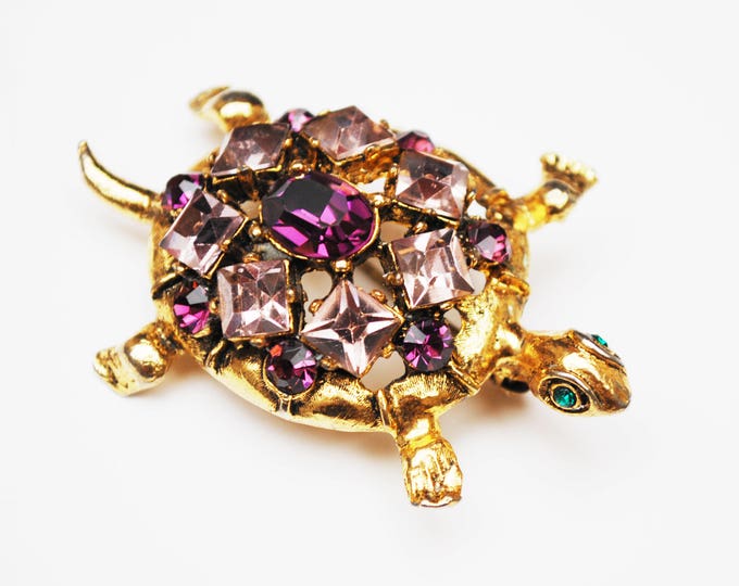 Turtle Brooch - Purple Rhinestone - Gold - figurine pin - Gift for her