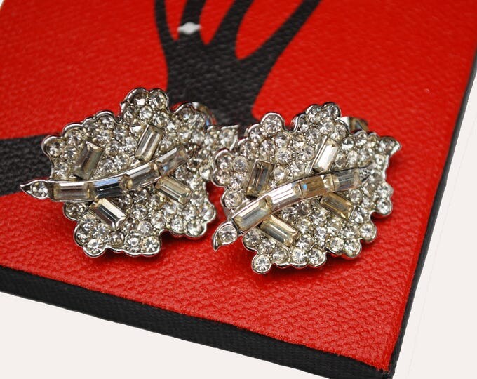 Clear Rhinestone earrings - open back silver - Floral Leaf - Clip on Earrings