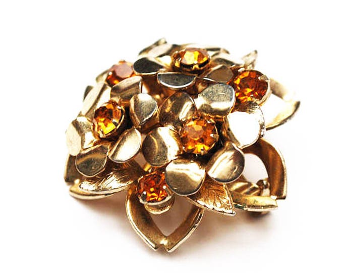 Coro Rhinestone Brooch - Amber orange Glass - Layerd domed - Flower Floral - Atomic - mid Century pin