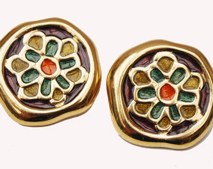 Givenchy New York Earrings - Chunky Gold -Abstract flower- Brownorange green - Enamel Earrings