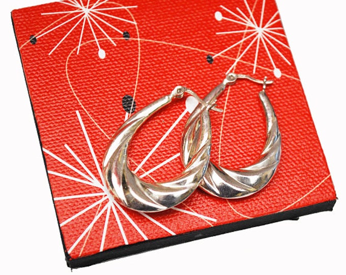 Large Sterling Hoop Earrings - puffy hallow sliver hoops - Modernistic design - twisted ribbed -style Signed 925 - pierced earrings