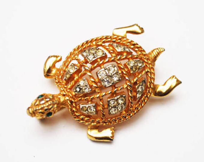 Turtle Brooch - Signed KJL - Rhinestone - Gold - Kennith Jay Lane - figurine pin