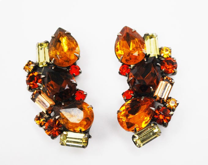 Rhinestone Climbing earrings - Amber brown yellow Orange crystal - Fall autumn colors -Mid century large clip on earrings