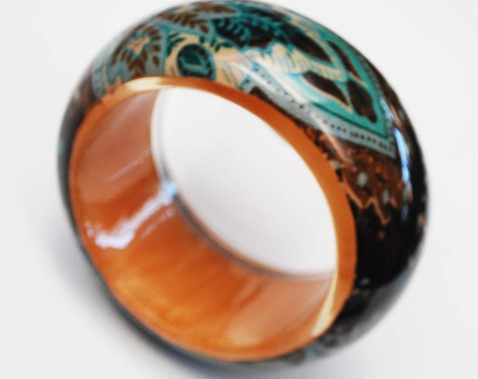 Chunky Lucite Bangle - Brown orange Turquoise - Wide Boho abstract leaf - Vintage Plastic - Bracelet