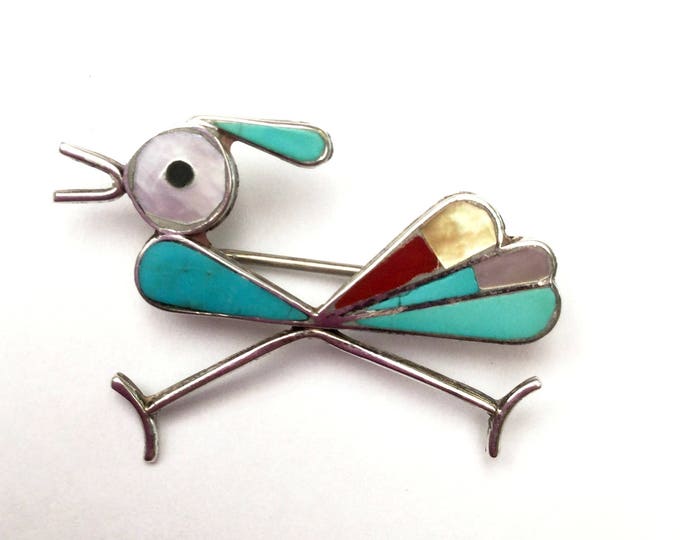 Road Runner Brooch - Silver Turquoise Coral Mother of pearl Onyx Inlay - Southwestern - Old Pawn - Native American Navajo - Bird pin