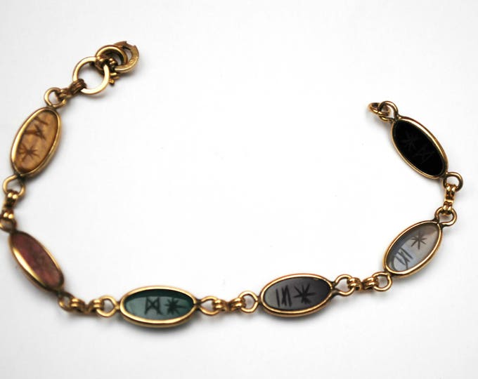 Gemstone Link Scarab Bracelet -12 kt gold Filled - signed Sojar - Egyptian Revival - Beetle - tiger eye -agate -onyx -Jasper