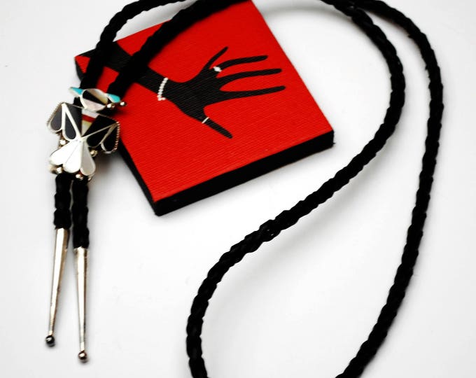 Thunderbird Bolo Tie - Gemstone inlay- Turquoise Onyx Coral Mother of Pearl - Leather - Sterling - SouthWestern - Zuni Tribal