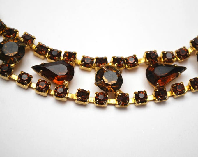 Rhinestone Link Bracelet - Rootbeer Brown Crystal - Yellow Gold - Mid century - Tennis bracelet