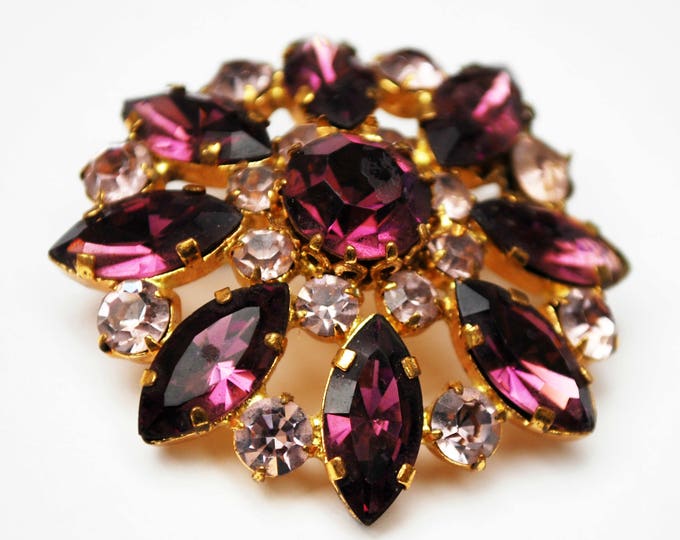 Purple Atomic Brooch - Amethyst color Glass Crystal flower - gold plating floral pin