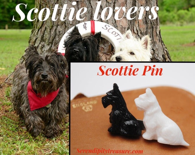 Scottie brooch - two dogs- Black white - plastic - signed Made in Great Britain