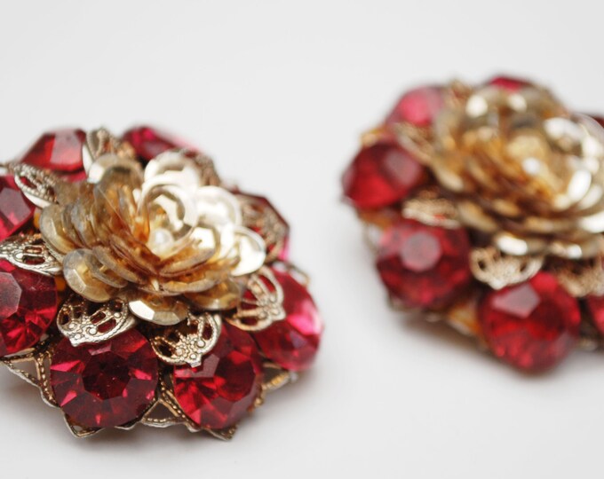 Large Flower Clip on Earrings - Red Rhinestone Gold foil - White pearl