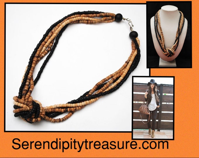 Twisted knot beaded necklace - Black wood - brown seed beads - Boho