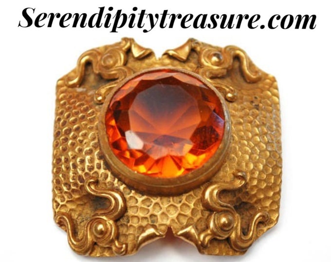 Victorian orange crystal gold brooch - Gilt Repousse metal - large rhinestone - c clasp pin