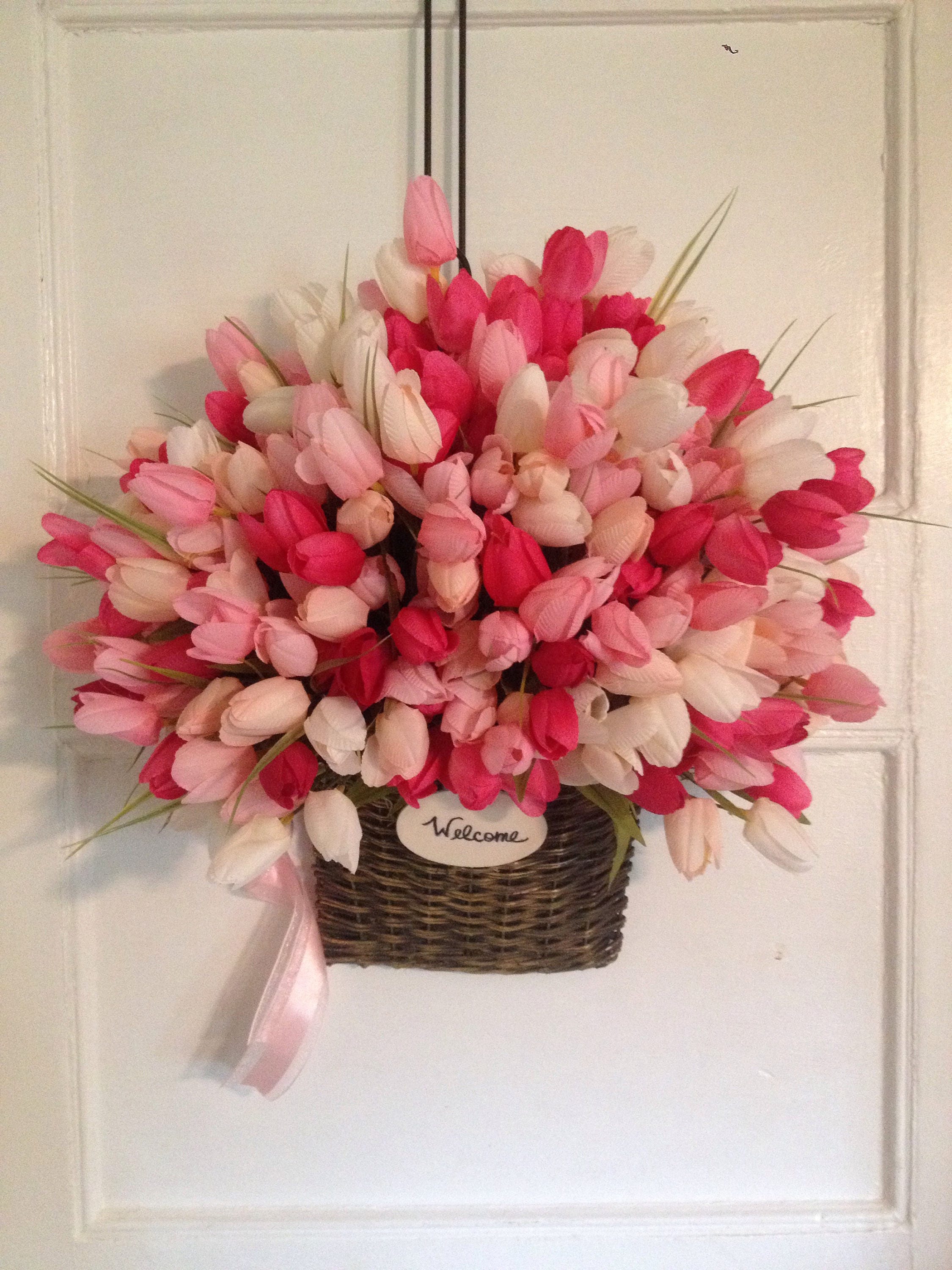 Pink Tulip Basket Spring Door Basket Summer Front Door