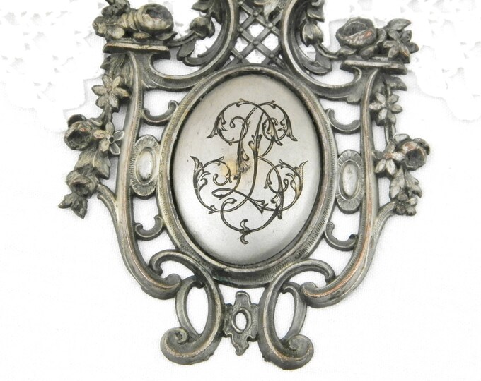 Vintage Ornate Neo Classical Silver Plated Cast Metal Plaque with Engraved Monogram L B, French Metal Decorative item with the Letters L B