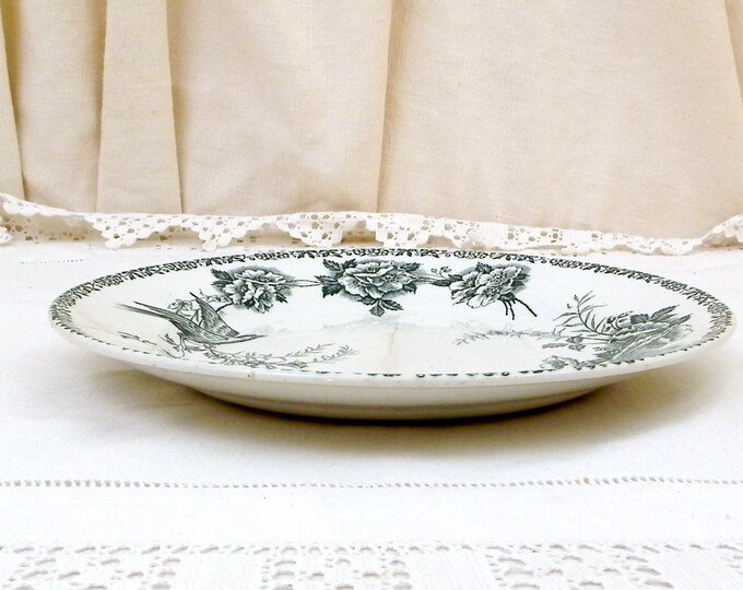 Antique French Ironware Plate With Bird / Bluetit and Rose Flower Transfer Pattern in Teal Blue, St Amand Faience, Pottery from France Antique French Ironware Plate With Bird / Bluetit and Rose Flower Transfer Pattern in Teal Blue, St Amand Faience, Pottery from France