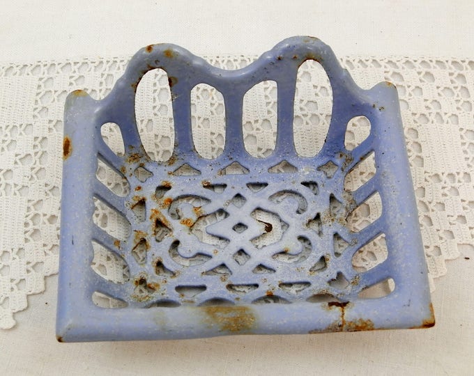 Small Antique Cast Iron Enameled Sky Blue Wall Hanging Soap Holder, French Blue Chippy Enamel Mural Soap Bar Dish, Enamelware Retro Bathroom