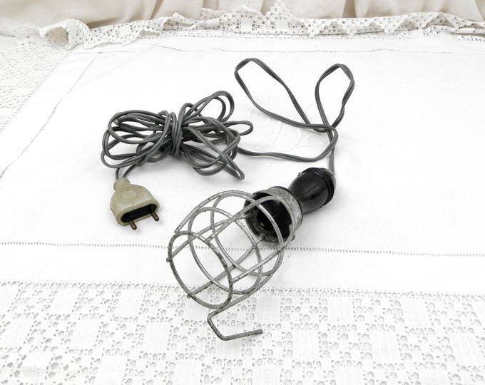 Small Vintage Mid Century Industrial Workshop Caged Hand Lamp, Retro 1950s Portable Inspection Light with Bakelite Handle and Metal Cage