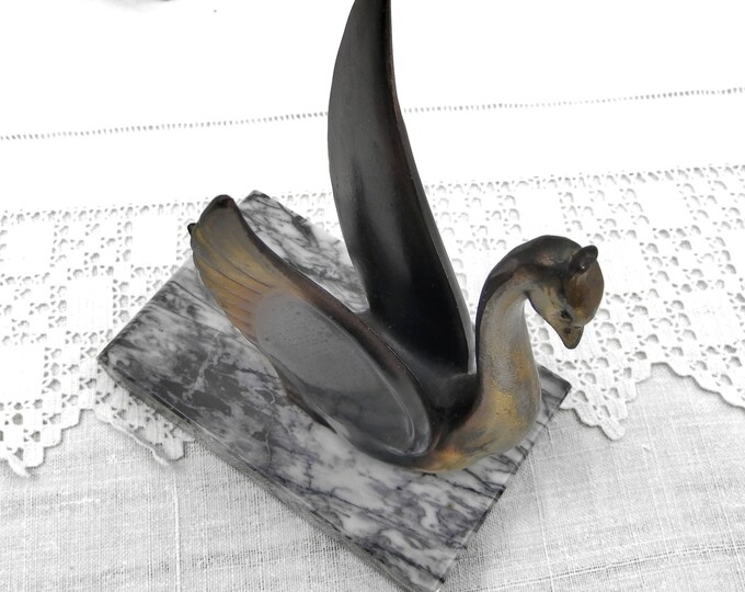 Antique French Art Deco Bronze Colored Metal Stylized Swan Black and White Marble Bookends, Bird Book Buttresses From France, Book Support