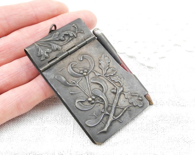 Antique Silver Plated Metal Pendant Note Pad Cover with Pencil Mistletoe, Oak Leaves and Flower Pattern From Lourdes in France, NoteBook