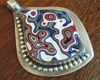 Fordite and Sterling Silver Pendant; Detroit Agate; Red, White, and Blue; Metalwork; Handmade Jewelry