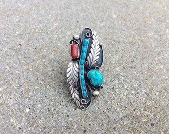 vintage old pawn Native American sterling silver turquoise coral southwestern statement ring size 7