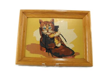Vintage Paint by Numbers * Framed Art * Kitten in Old Boot