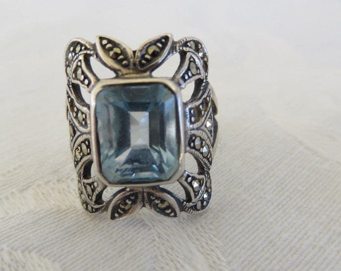 Sterling Aquamarine Ring, with Marcasites, Emerald Cut Aquamarine Stone, Size 6.5