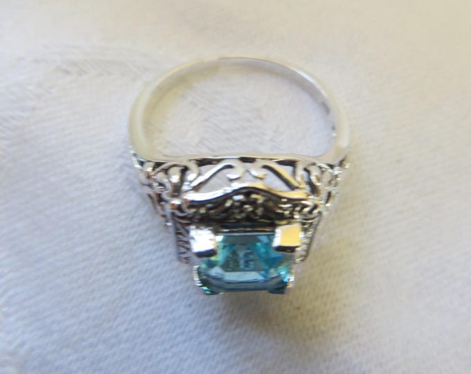 Vintage Aquamarine Ring, Sterling Silver Filigree. Cushion Cut Stone, Size 8