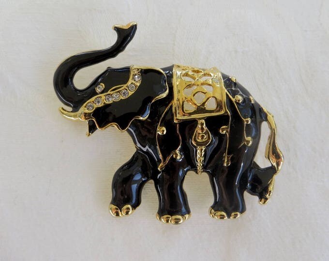 Vintage Elephant Brooch, Trembler Elephant Pin, Jeweled Enamel Elephant, Tusk Up, Elephant Jewelry