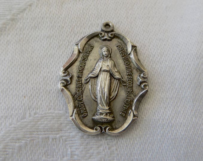 Art Nouveau Virgin Mary Pendant, Sterling Blessed Mother Religious Pendant, Vintage Catholic Religious Jewelry