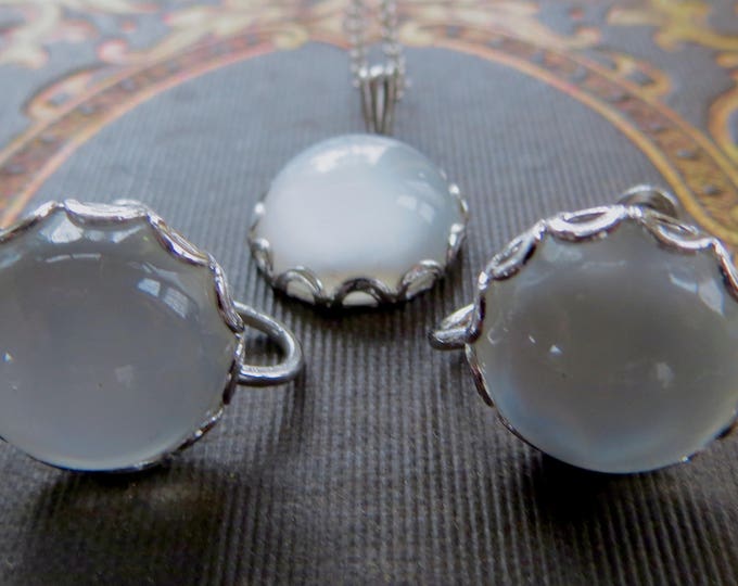 Vintage Moonstone Necklace Set, Sterling Silver Screw Back Earrings, Original Box, Moonstone Jewelry