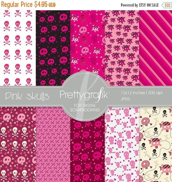 80% OFF SALE Pink skulls digital paper, commercial use, scrapbook papers, background - PS531 Il_570xn