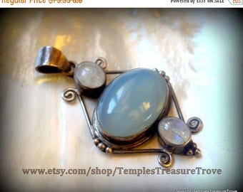On Sale Watery Blue Chalcedony and Moonstones Pendant 925 stamp Sterling Color Shifting Pendant Mid Century Modern Pendant for Her Seafarer