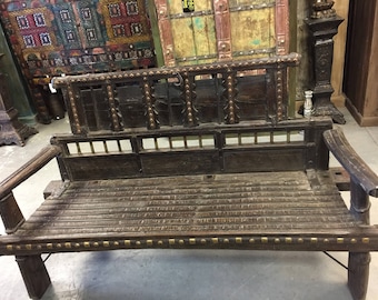 Antique Iron Brass Old World Patina Ox Cart Farm Day bed Bench Teak Sofa Dark wooden