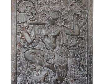 Krishna with Govardhan "Parvet" Mountain Wall Sculpture , Panel, Barn Door, India Art Yoga Decor