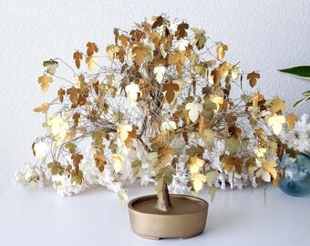 Vintage gold dream tree statue brass bonsai wire sculpture dangly leaves mid century modern sparkly glam decor retro tree