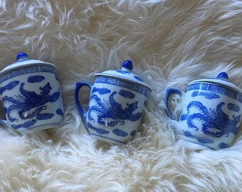 Vintage Blue and White Ginger Jar Vases/Cups with lids