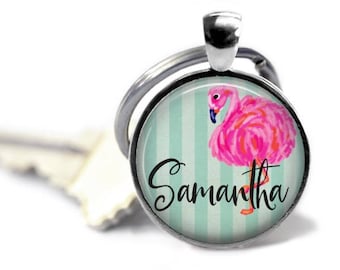 Flamingo keychain personalized name keyring custom pink flamingo sorority gift preppy stripe beach key chain .