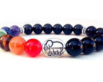 Prosperity Elephant bracelet, 7 Chakra bracelet, Onyx bracelet, Elephant bracelet, Yoga bracelet, Chakra Elephant bracelet, Meditation