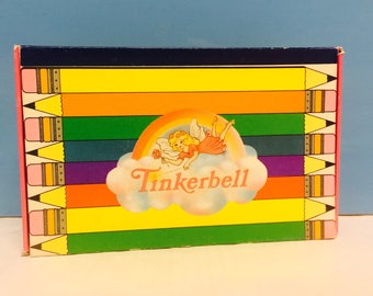 Vintage Tinkerbell Box, Pencil Box, Cardboard Box, Cute Kawaii Decor, 1980s Tinkerbell, Pink Box, Rainbow and Clouds, Lebanon Packaging Corp