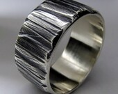 Mens Wedding Ring Wide Sterling Silver Black Texture Lines Band 10mm Wide